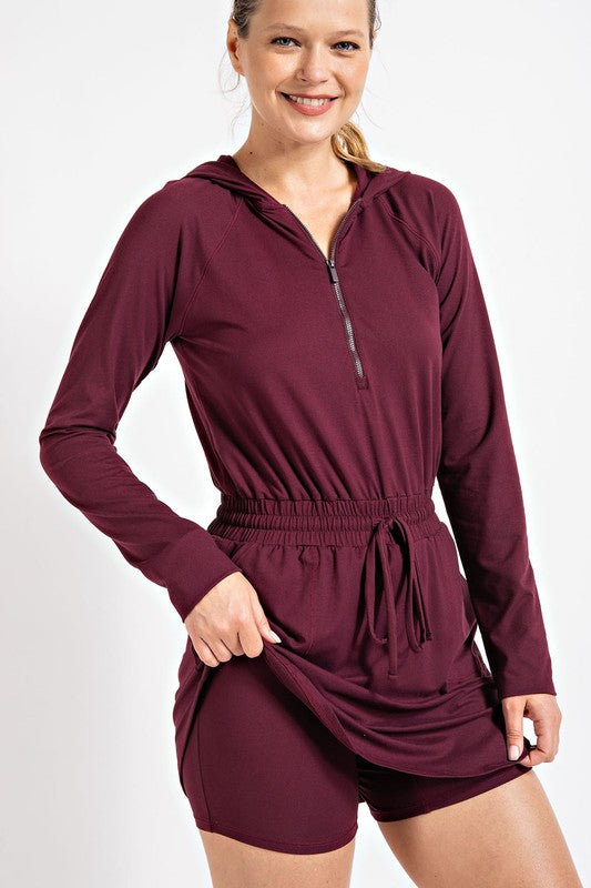 Getting Out Long Sleeve Hoodie Romper- Burgundy