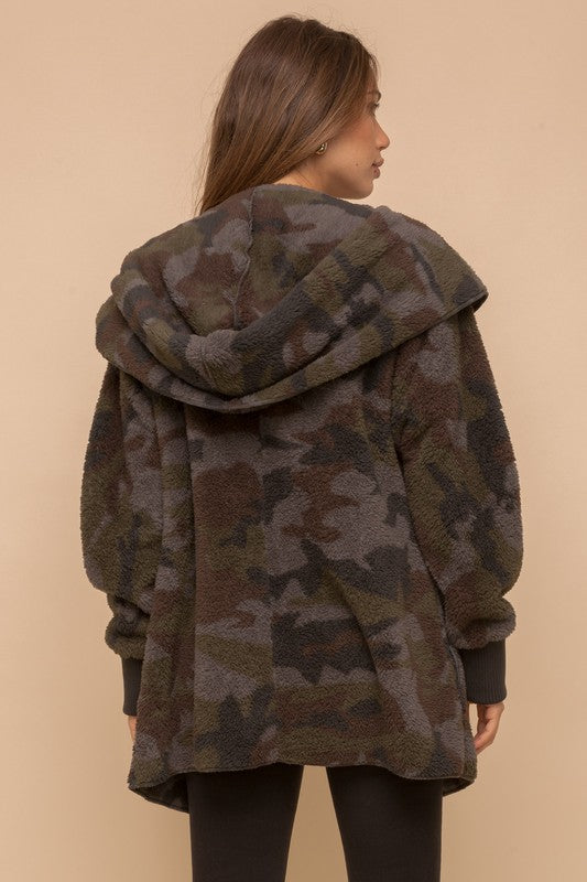 So Soft Plush Hooded Open Jacket- Camo