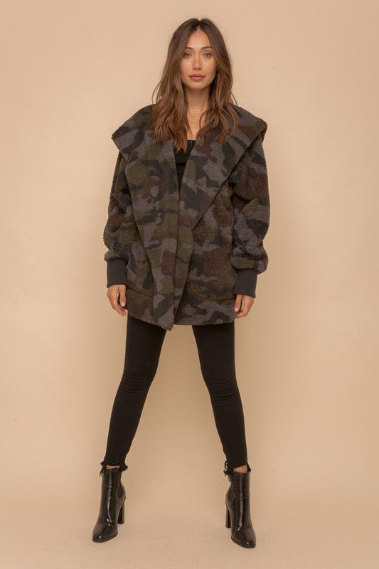 So Soft Plush Hooded Open Jacket- Camo