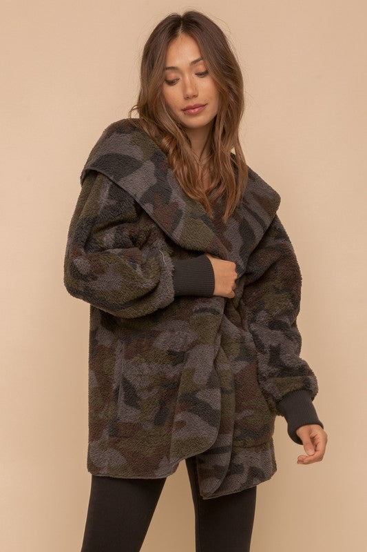 So Soft Plush Hooded Open Jacket- Camo