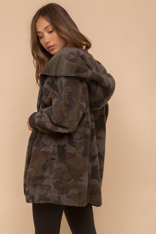 So Soft Plush Hooded Open Jacket- Camo