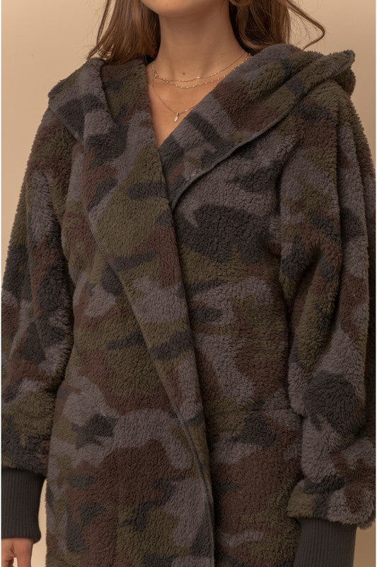 So Soft Plush Hooded Open Jacket- Camo