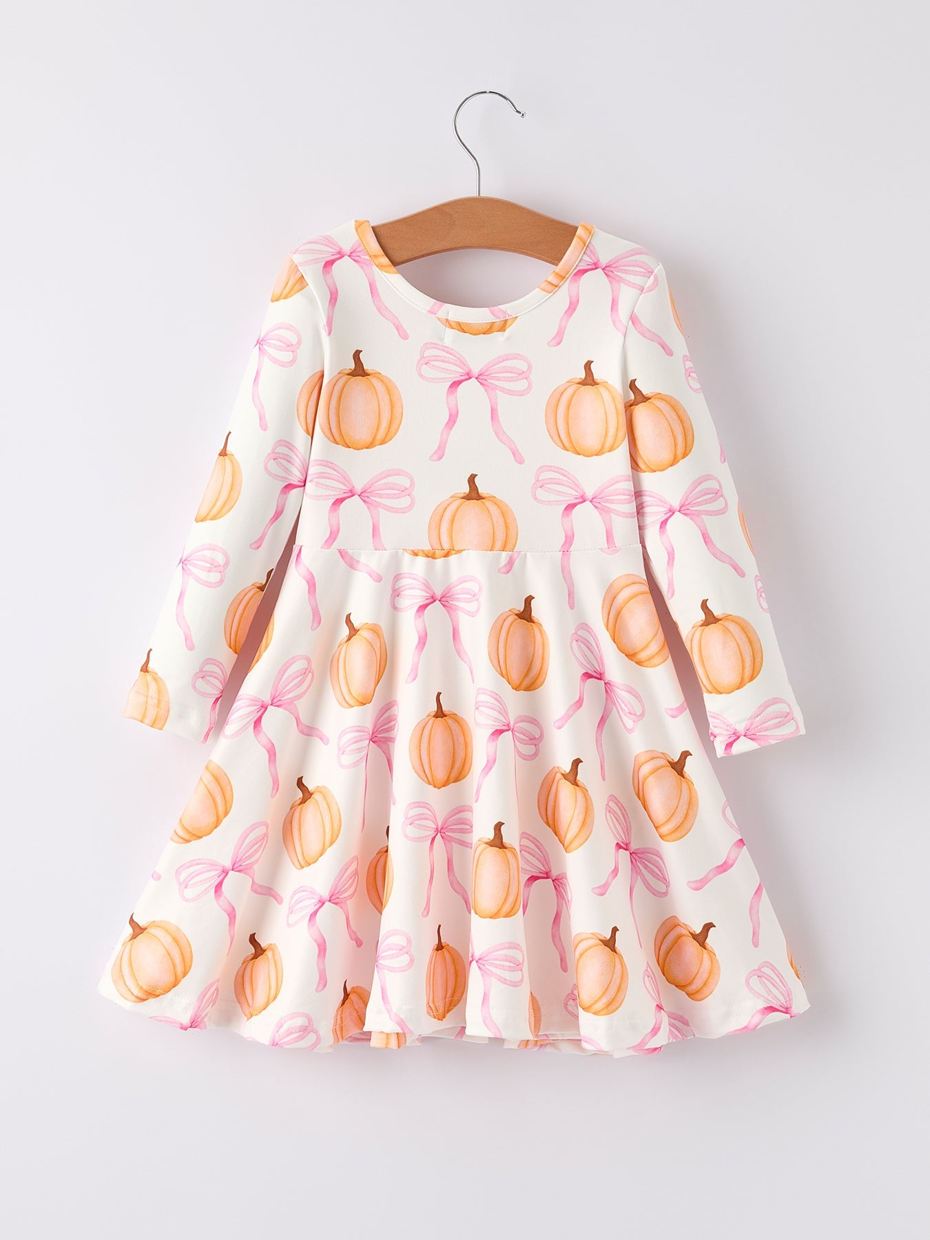 Fall Halloween & Thanksgiving Pumpkin Bow Print Long Sleeve Dress