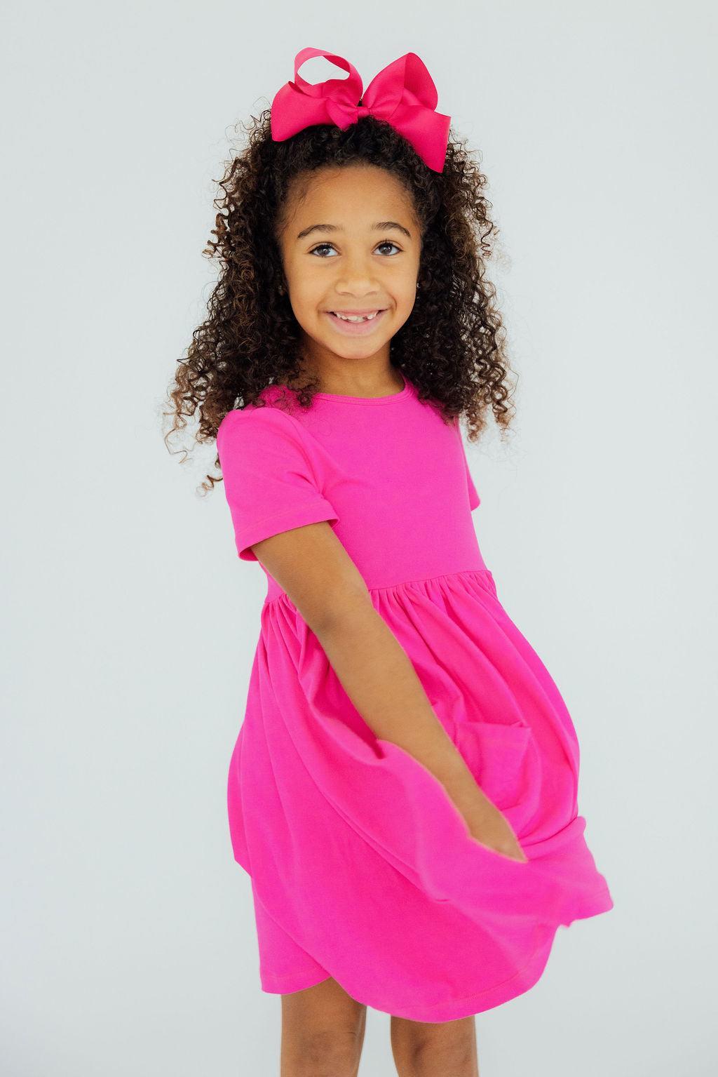 Hot Pink Short Sleeve Pocket Twirl Dress