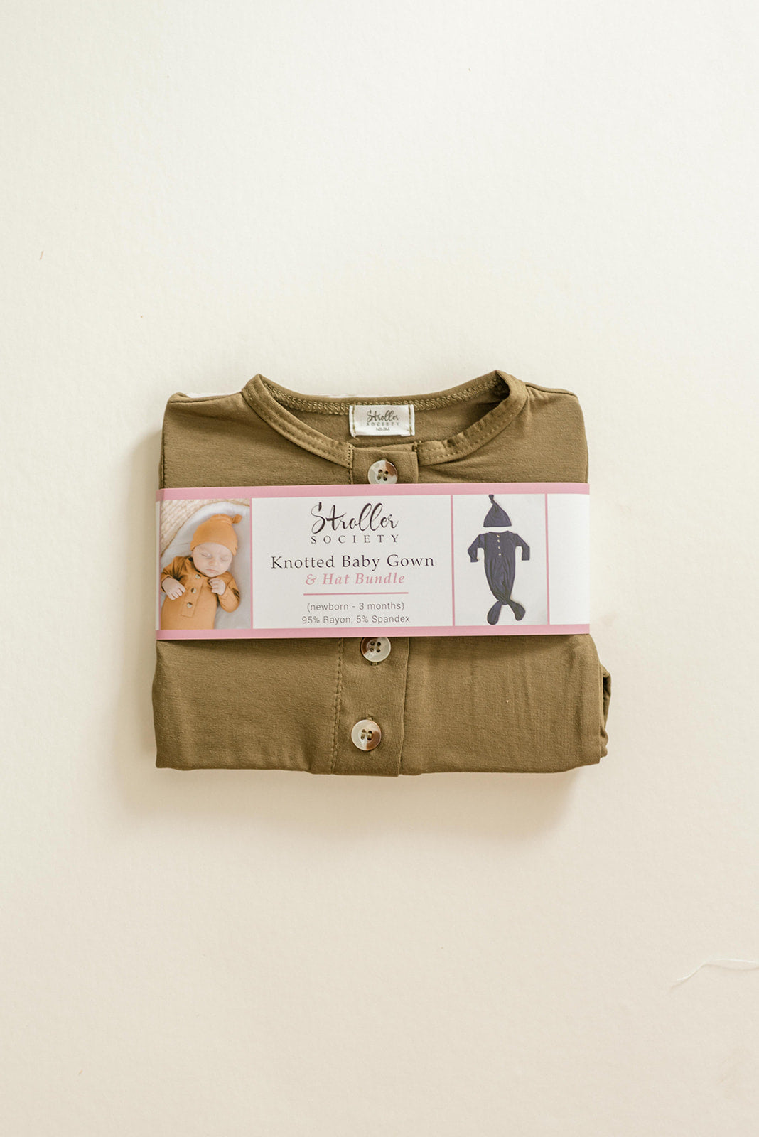 Olive Green Newborn Knotted Gown and Hat Set