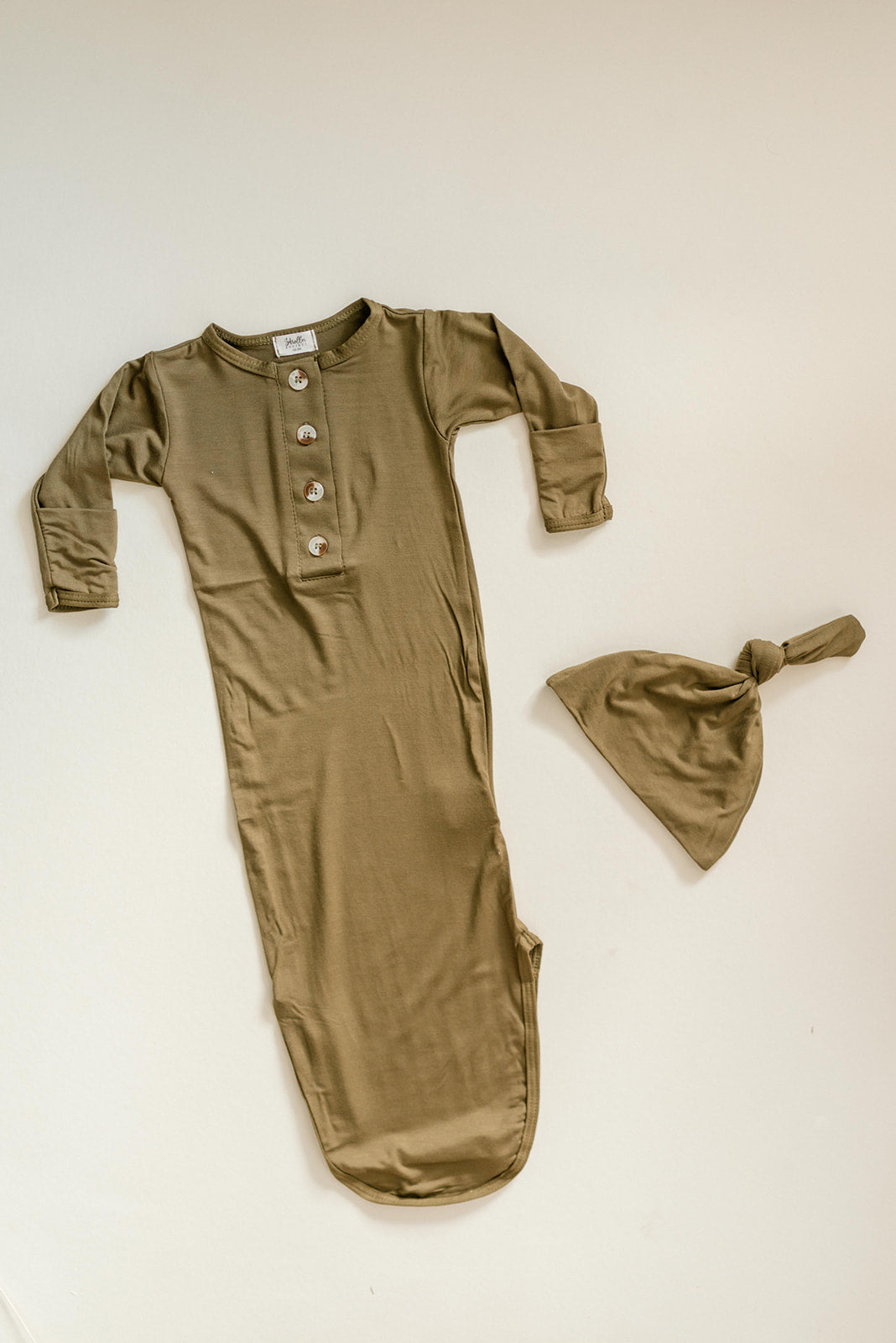Olive Green Newborn Knotted Gown and Hat Set
