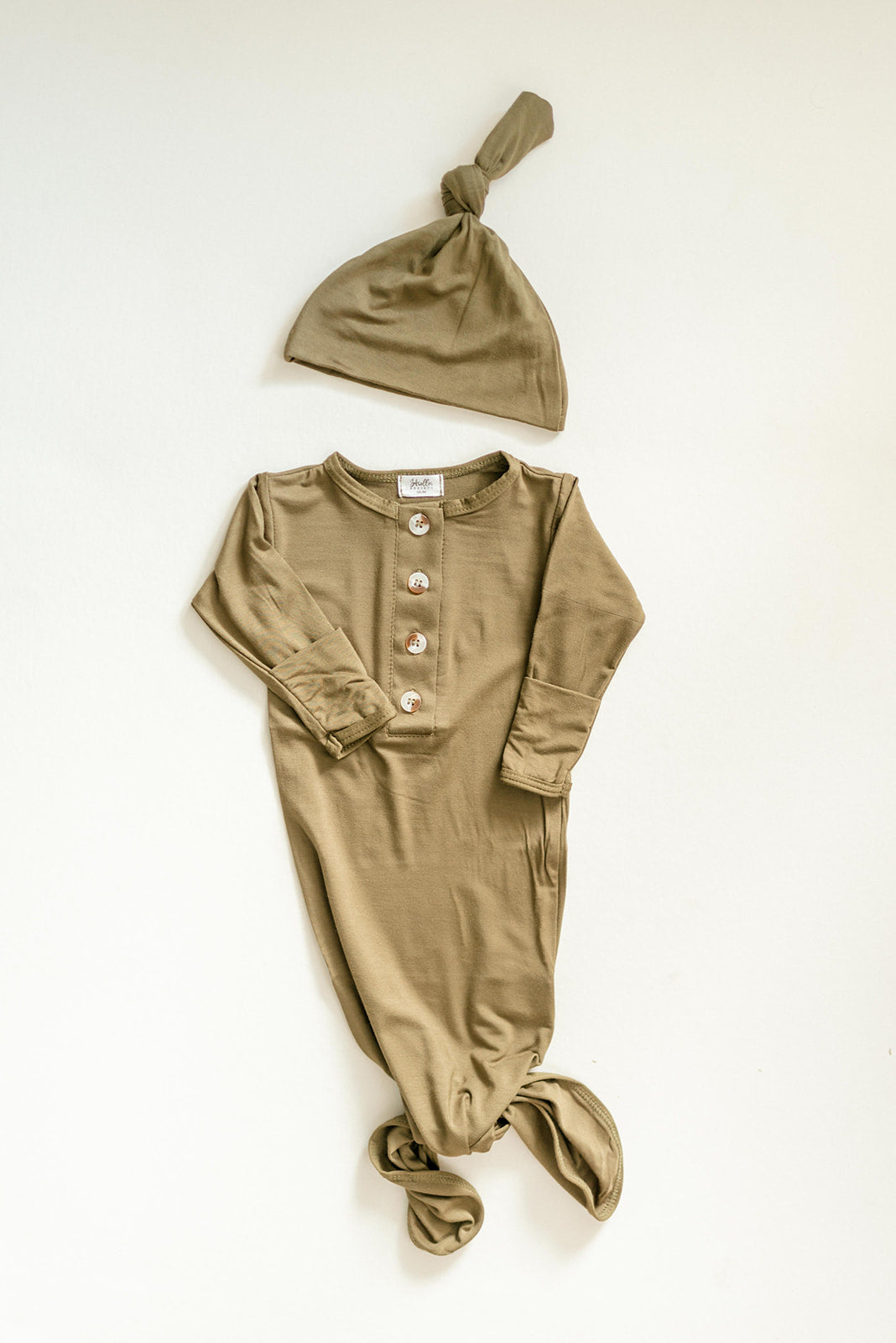 Olive Green Newborn Knotted Gown and Hat Set