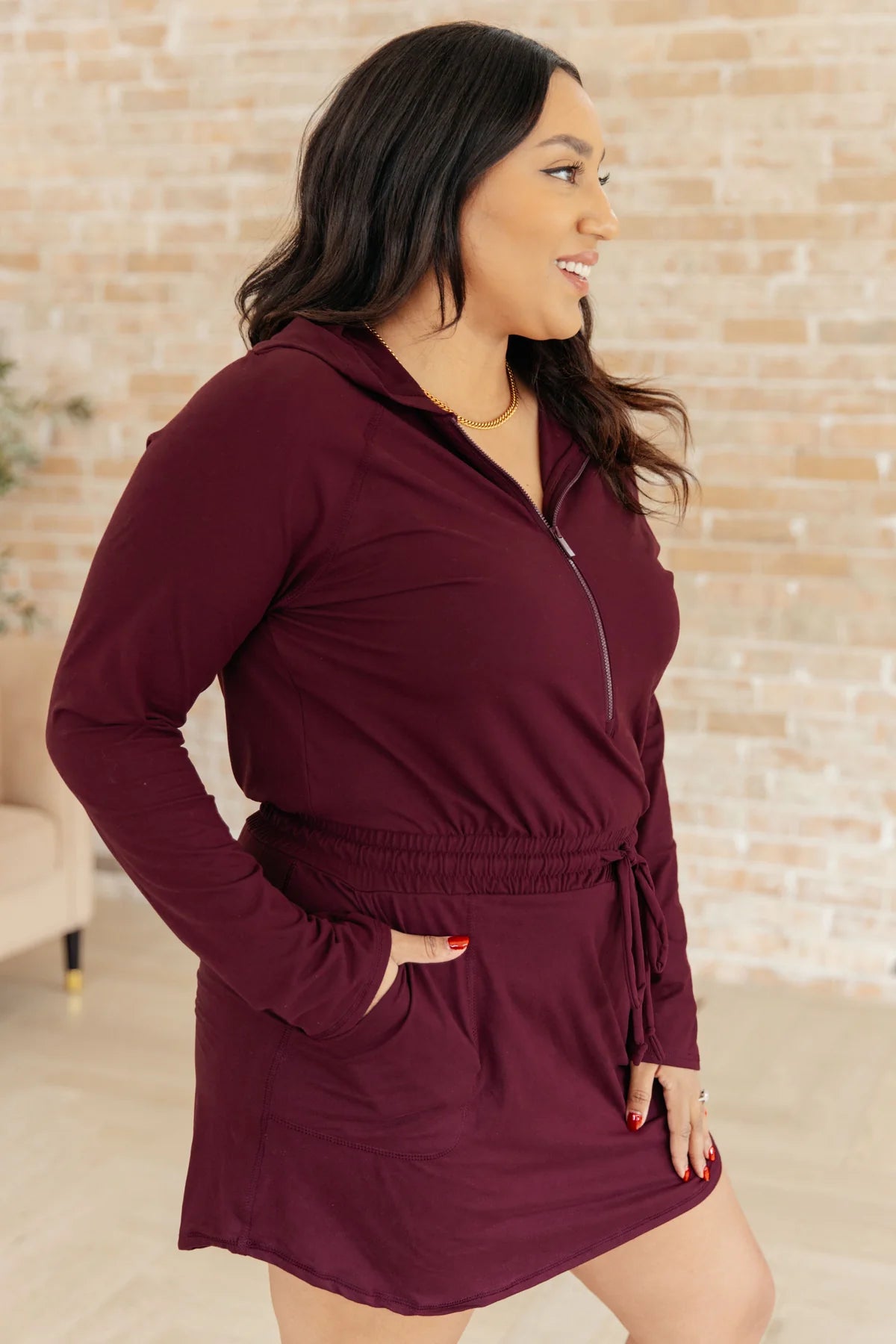 Getting Out Long Sleeve Hoodie Romper- Burgundy
