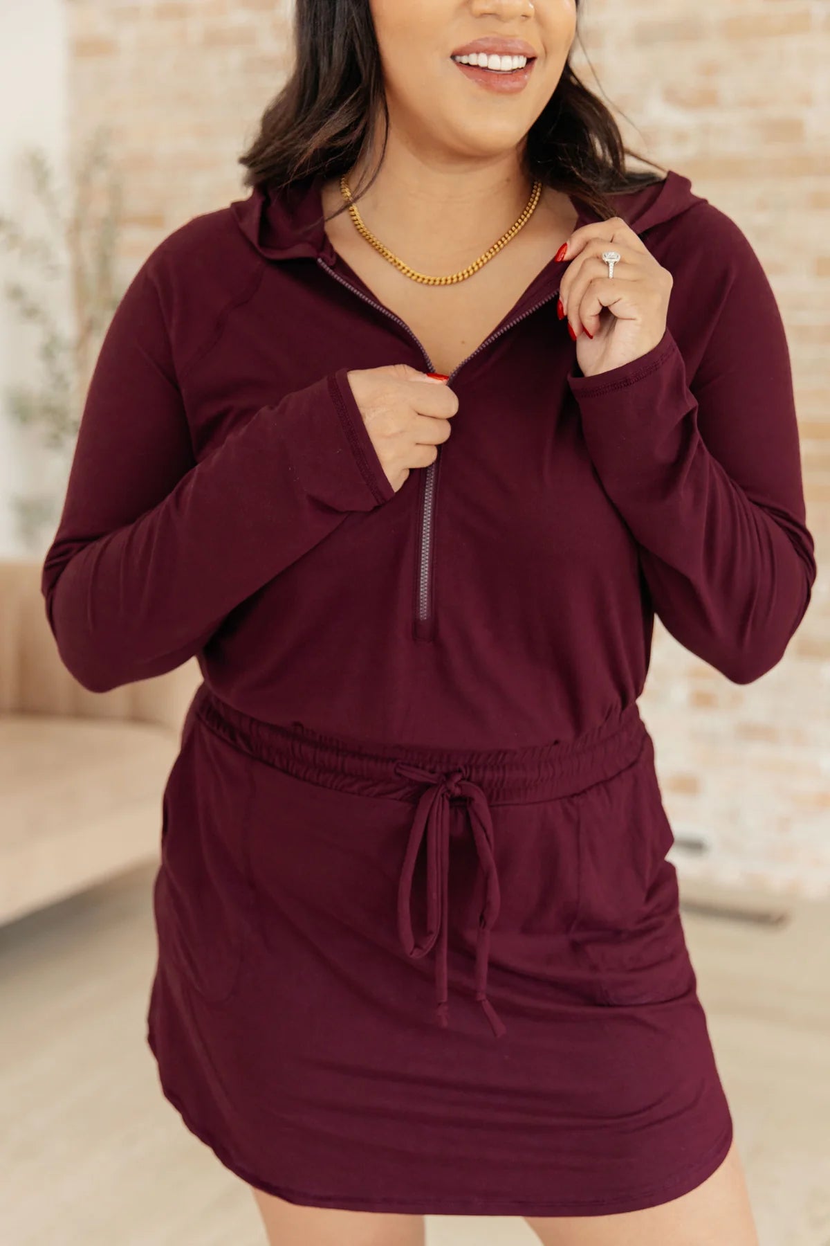 Getting Out Long Sleeve Hoodie Romper- Burgundy