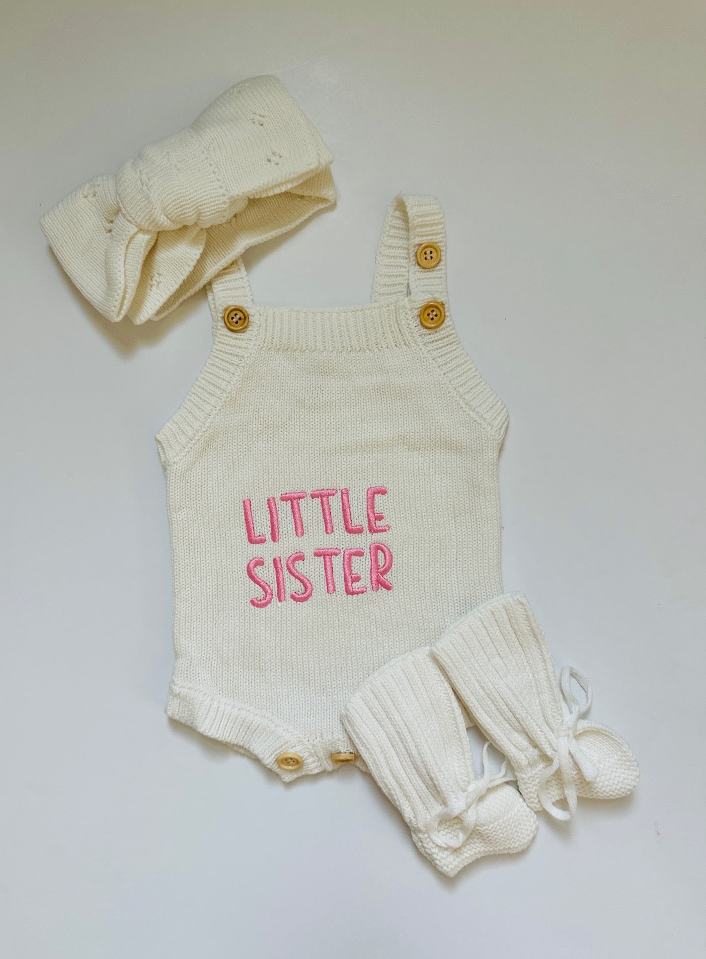 Hello World/Little Sister/Little Brother Embroidered Newborn Romper Set with Booties & Hat/Headband Option