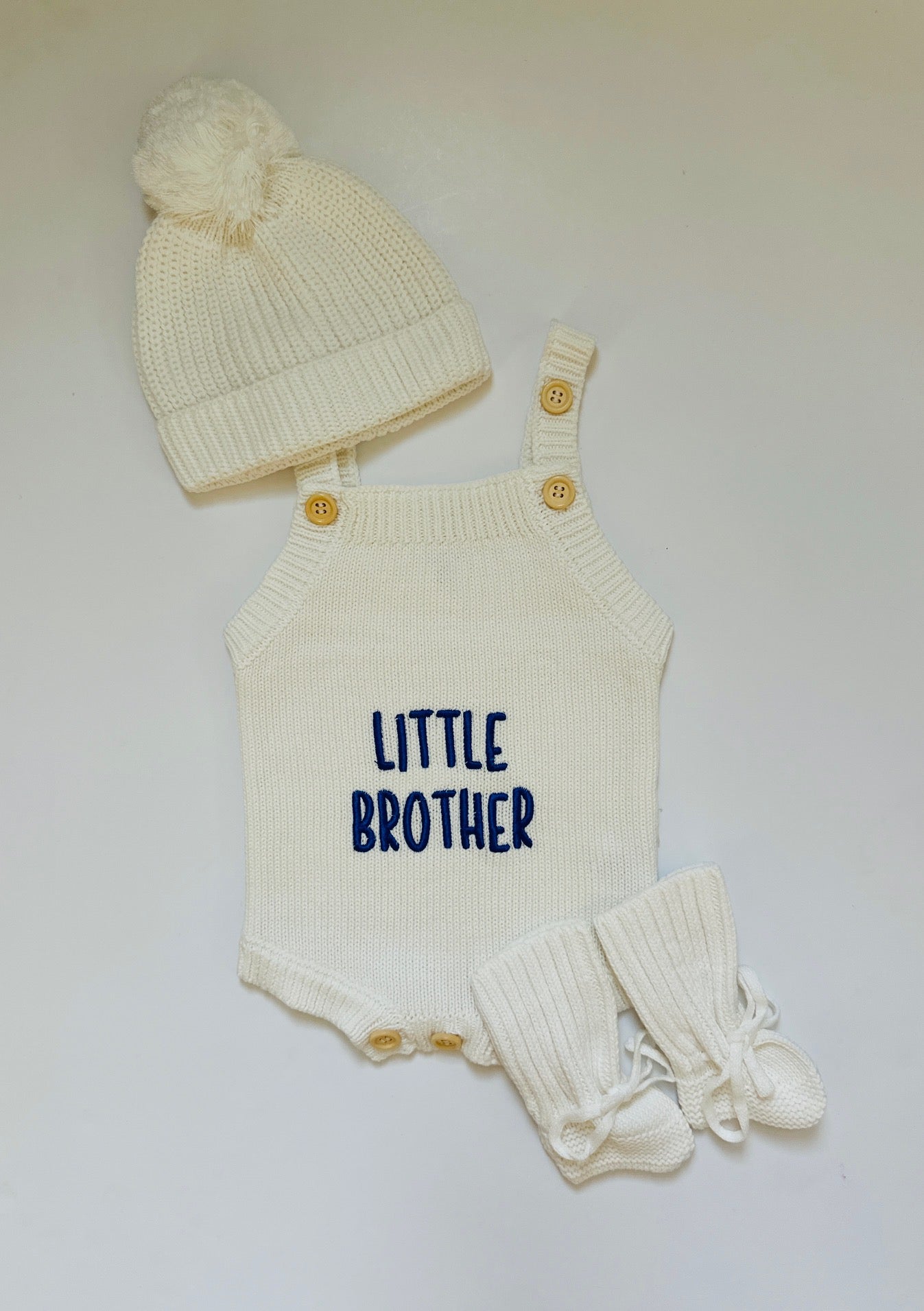 Hello World/Little Sister/Little Brother Embroidered Newborn Romper Set with Booties & Hat/Headband Option