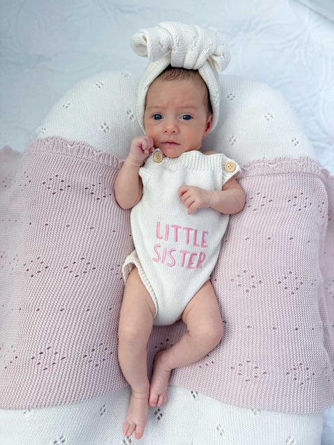 Hello World/Little Sister/Little Brother Embroidered Newborn Romper Set with Booties & Hat/Headband Option
