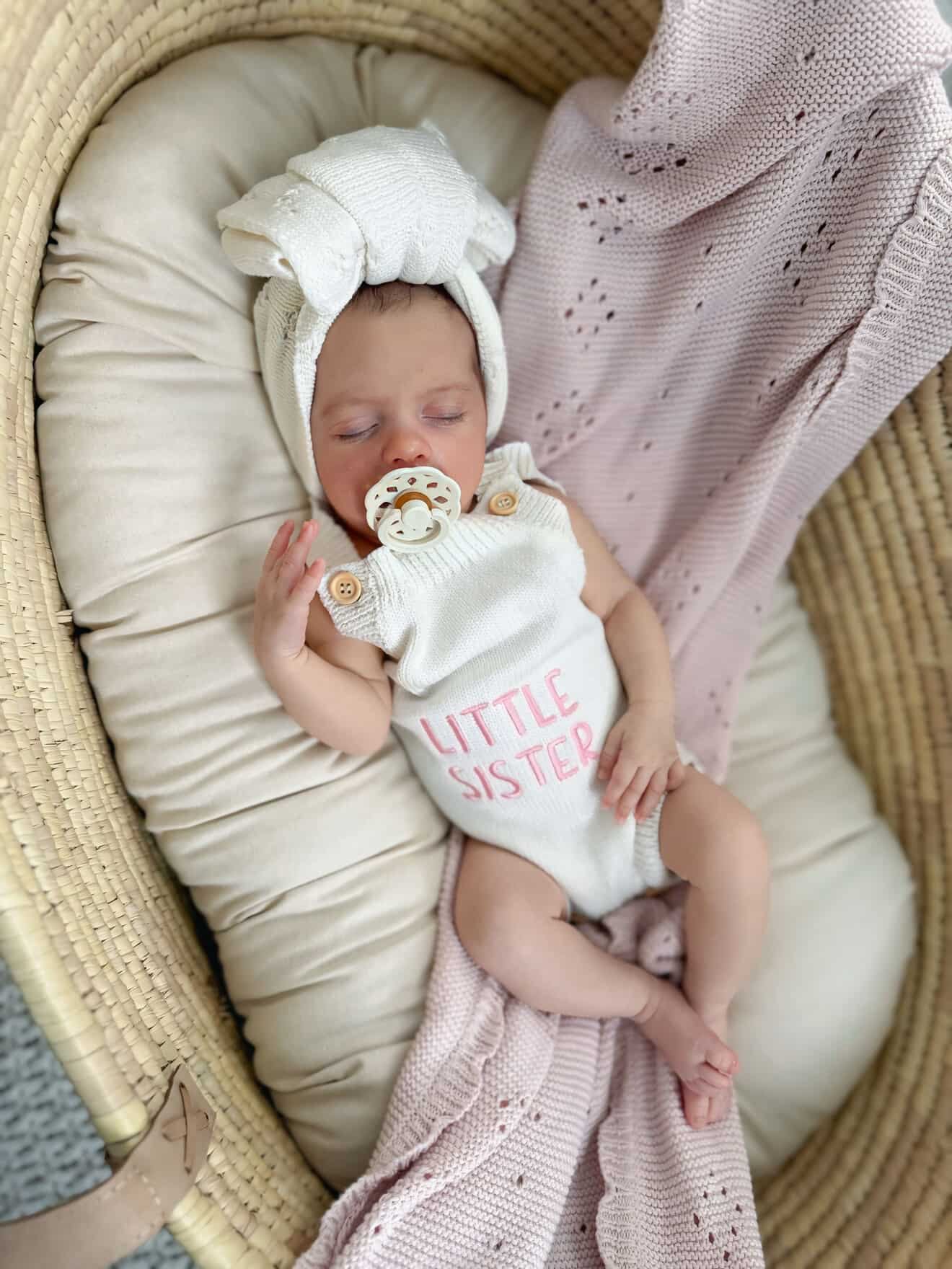 Hello World/Little Sister/Little Brother Embroidered Newborn Romper Set with Booties & Hat/Headband Option