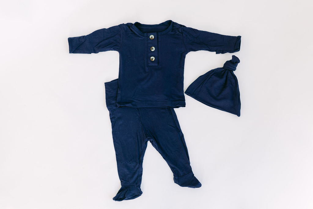 Navy Blue Newborn 3-Piece Baby Outfit With Hat Option