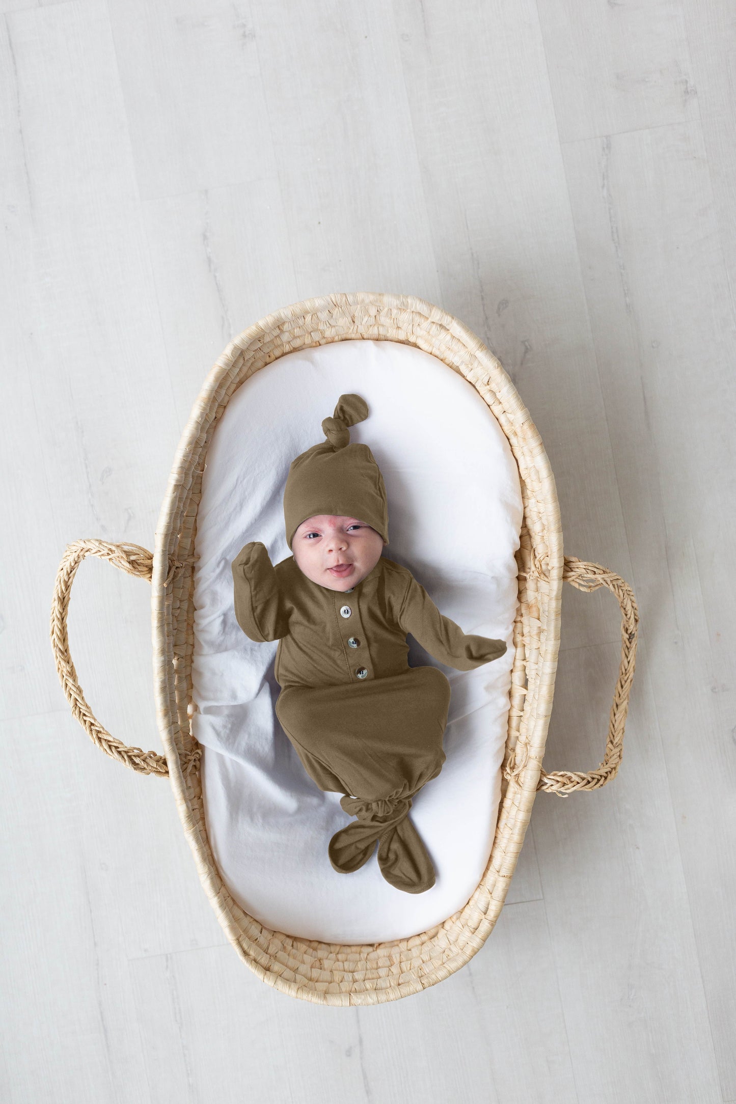 Olive Green Newborn Knotted Gown and Hat Set