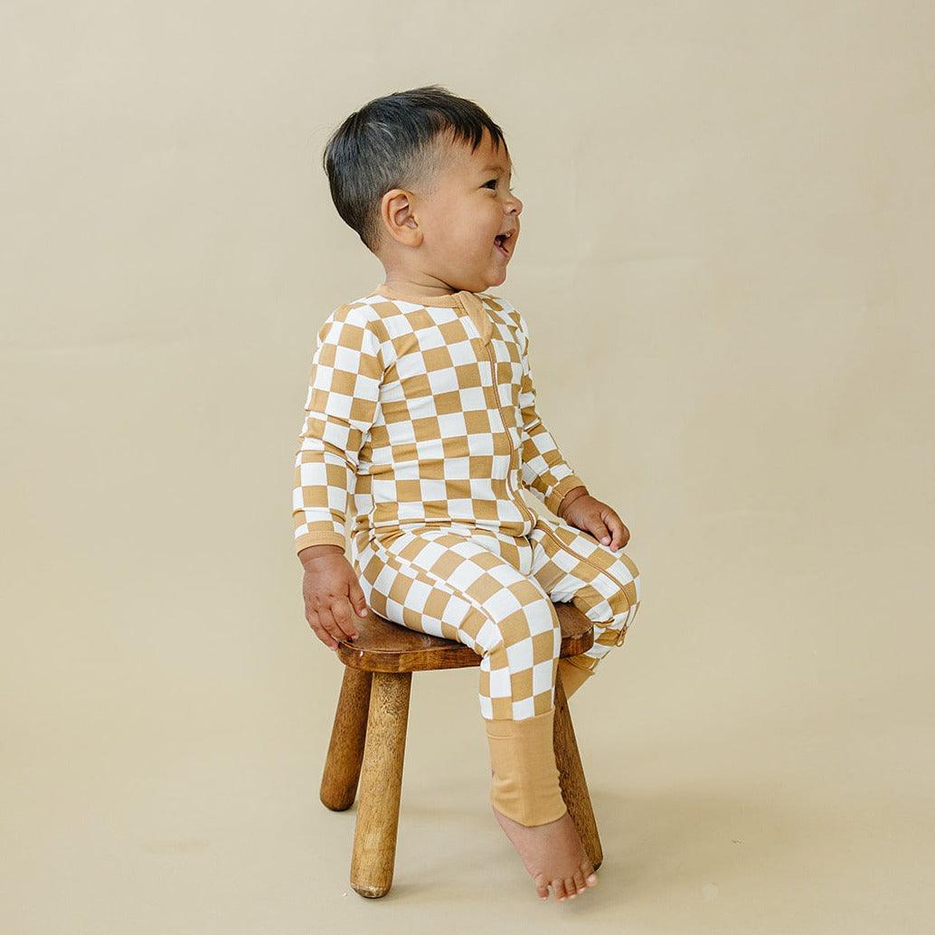 Checkered Bamboo Zippy Romper- Golden Coast