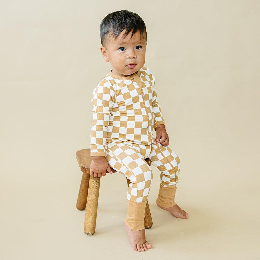 Checkered Bamboo Zippy Romper- Golden Coast