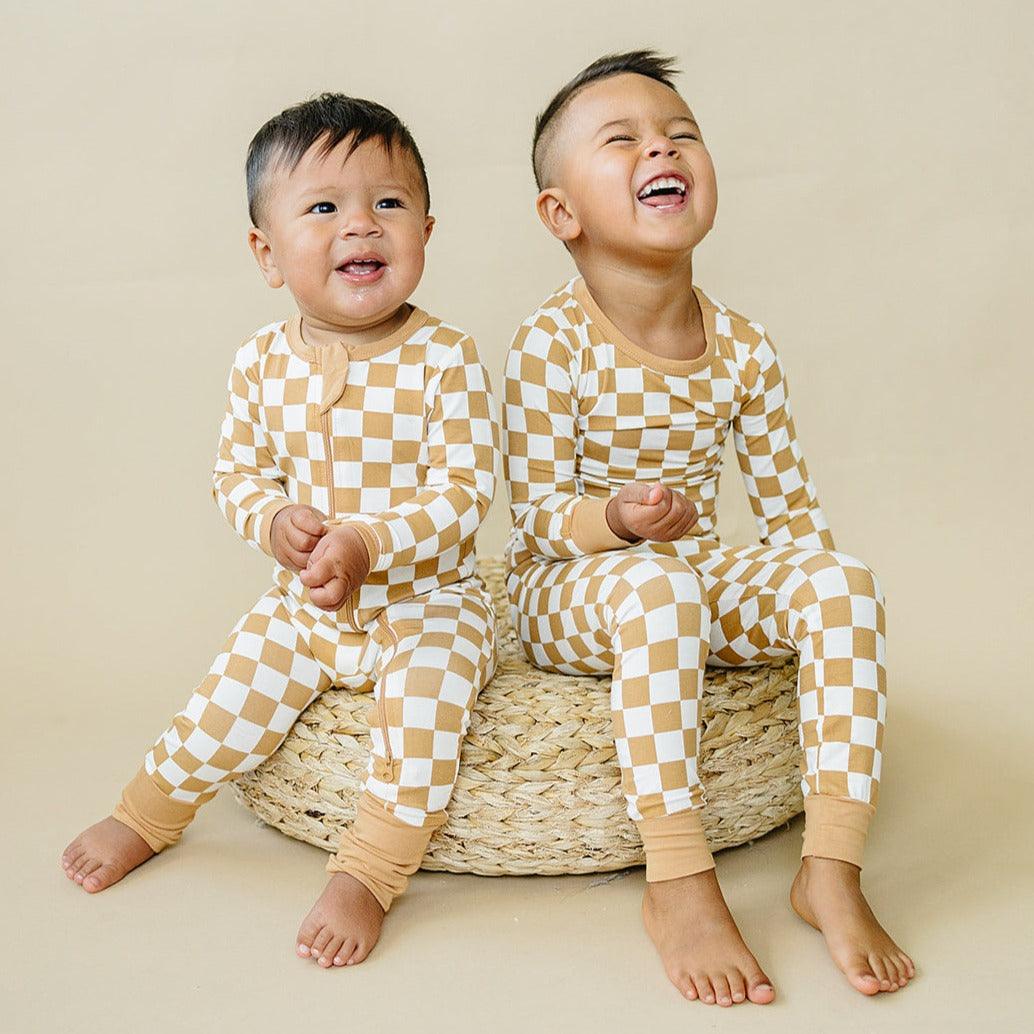 Checkered Bamboo Zippy Romper- Golden Coast