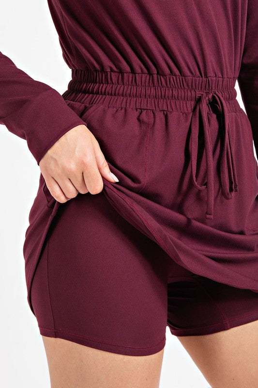 Getting Out Long Sleeve Hoodie Romper- Burgundy