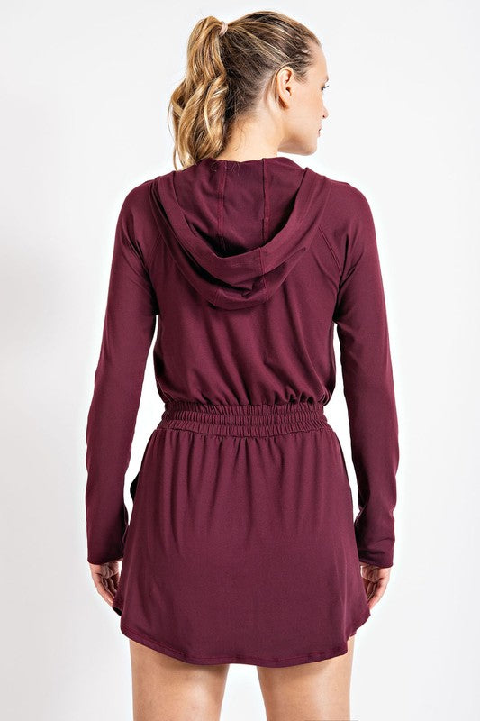 Getting Out Long Sleeve Hoodie Romper- Burgundy