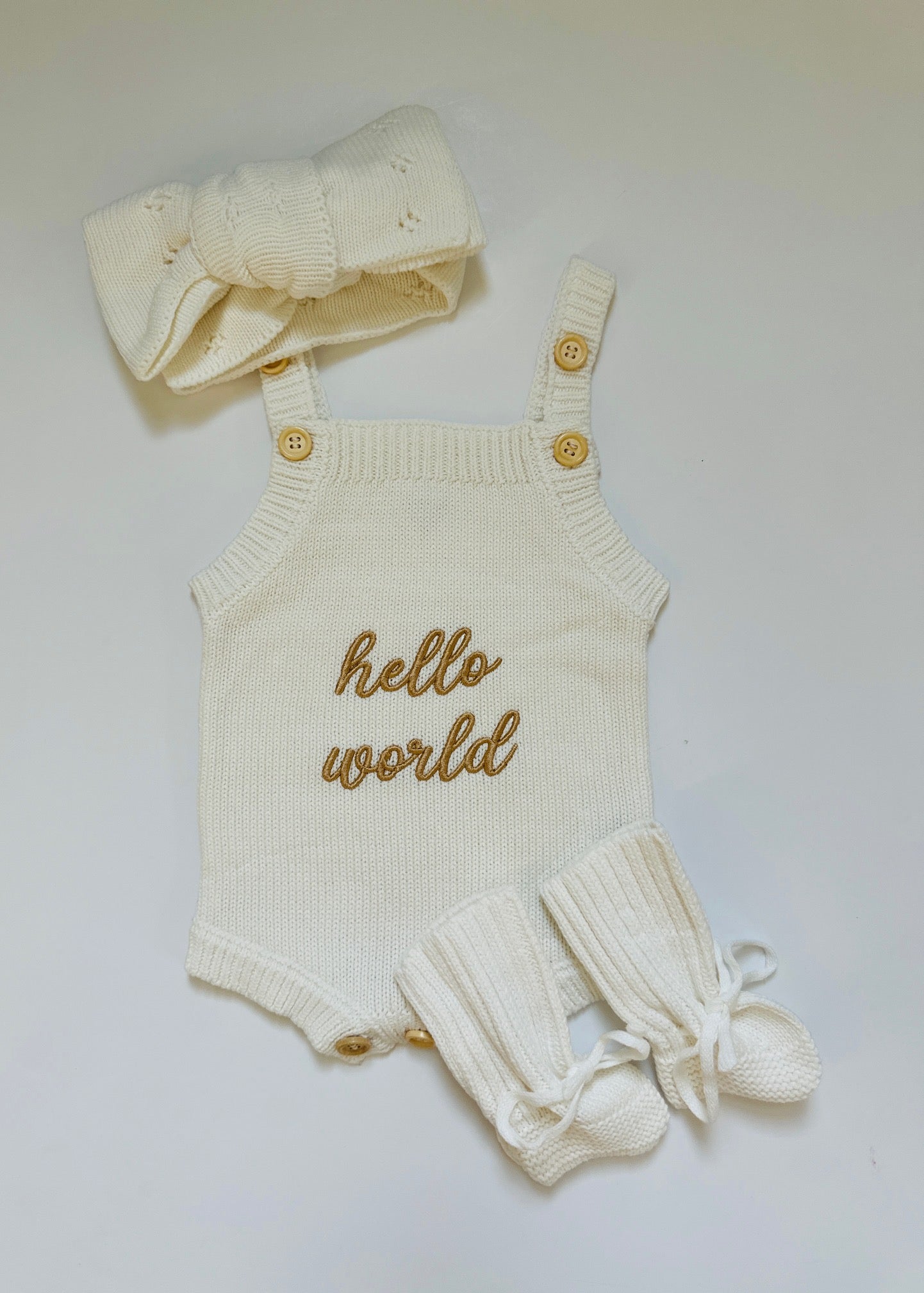 Hello World/Little Sister/Little Brother Embroidered Newborn Romper Set with Booties & Hat/Headband Option