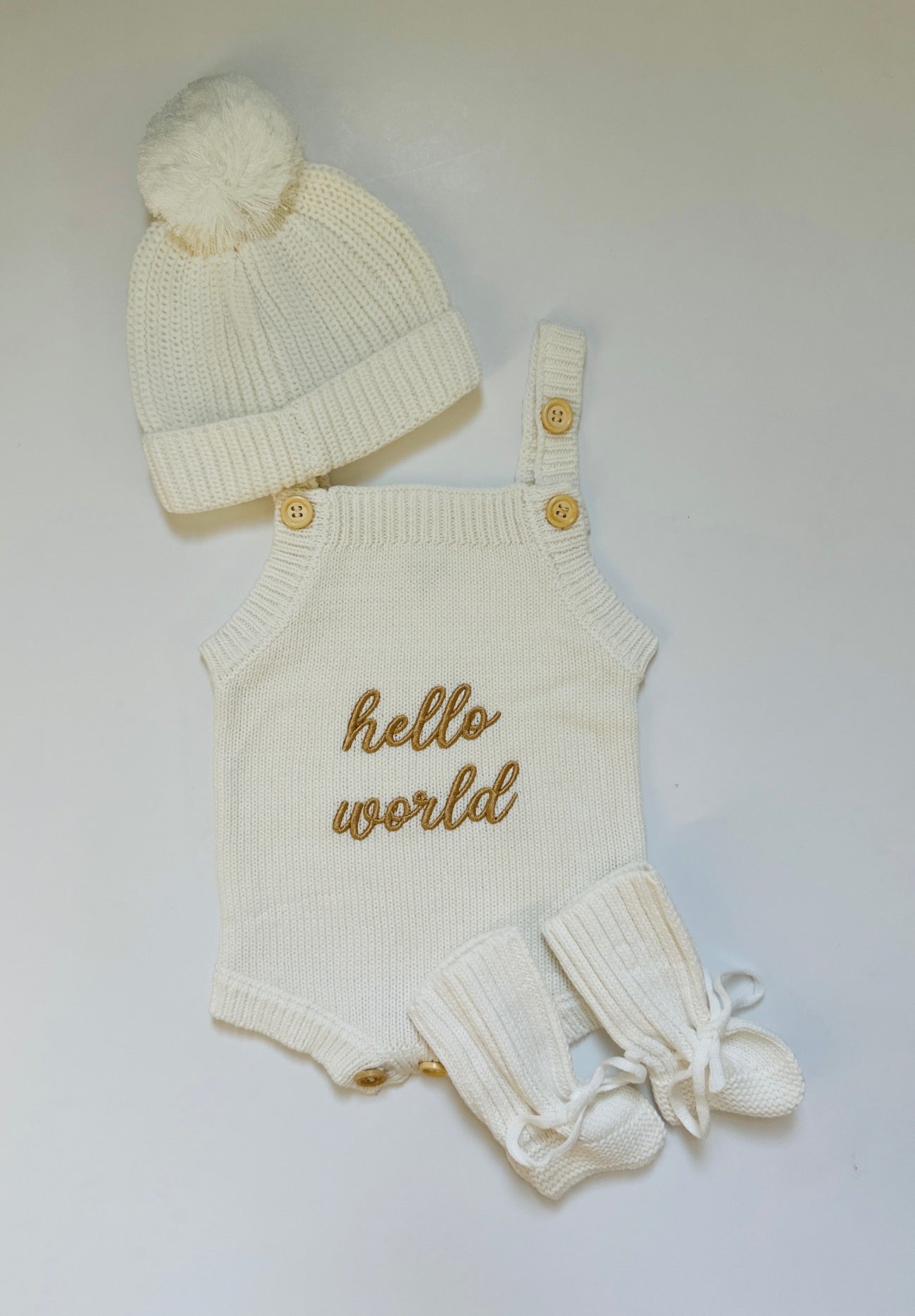 Hello World/Little Sister/Little Brother Embroidered Newborn Romper Set with Booties & Hat/Headband Option