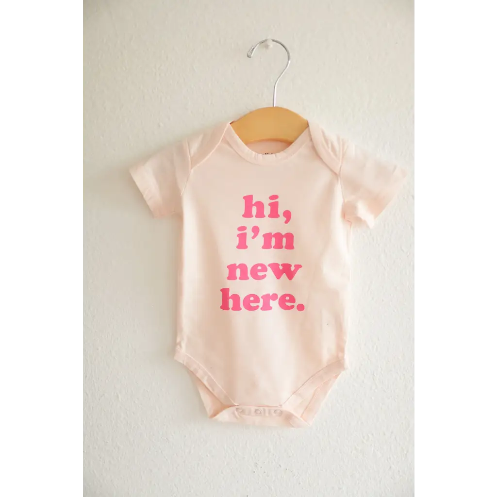 Hi, I'm New Here Organic Cotton Baby Bodysuit with Pink Ink
