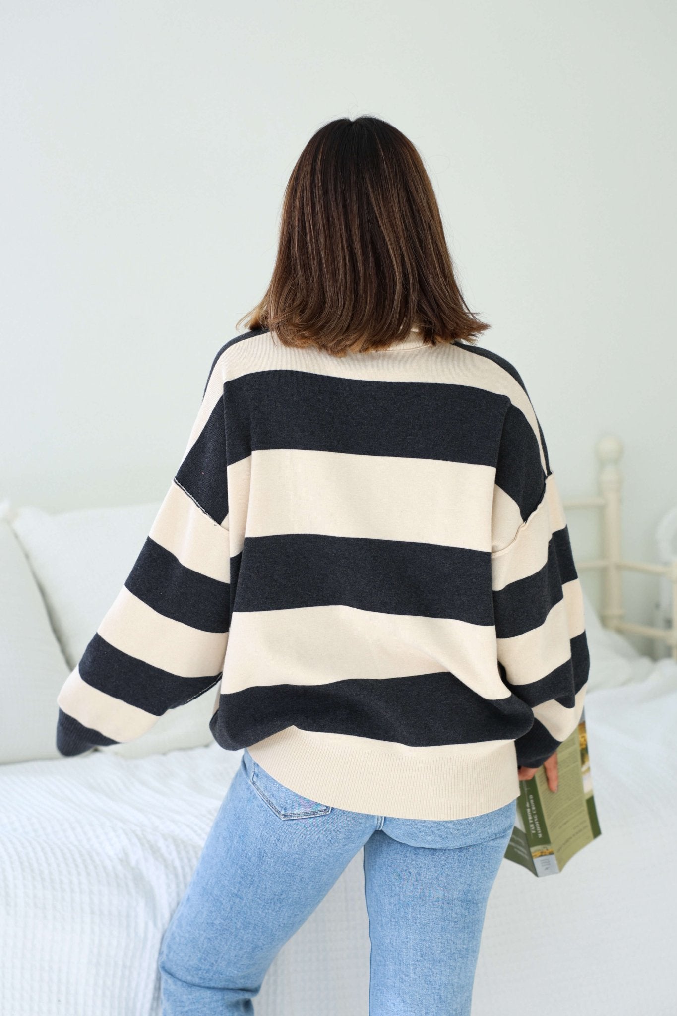 Ivory and Charcoal Varsity Stripe Half Zip Rugby Pullover