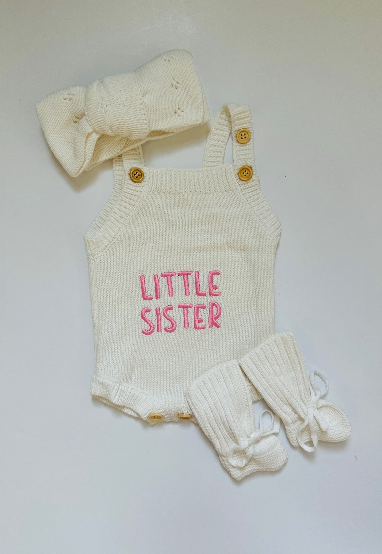 Hello World/Little Sister/Little Brother Embroidered Newborn Romper Set with Booties & Hat/Headband Option