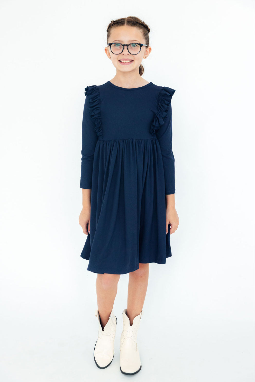 Navy Long Sleeve Ruffle Twirl Dress