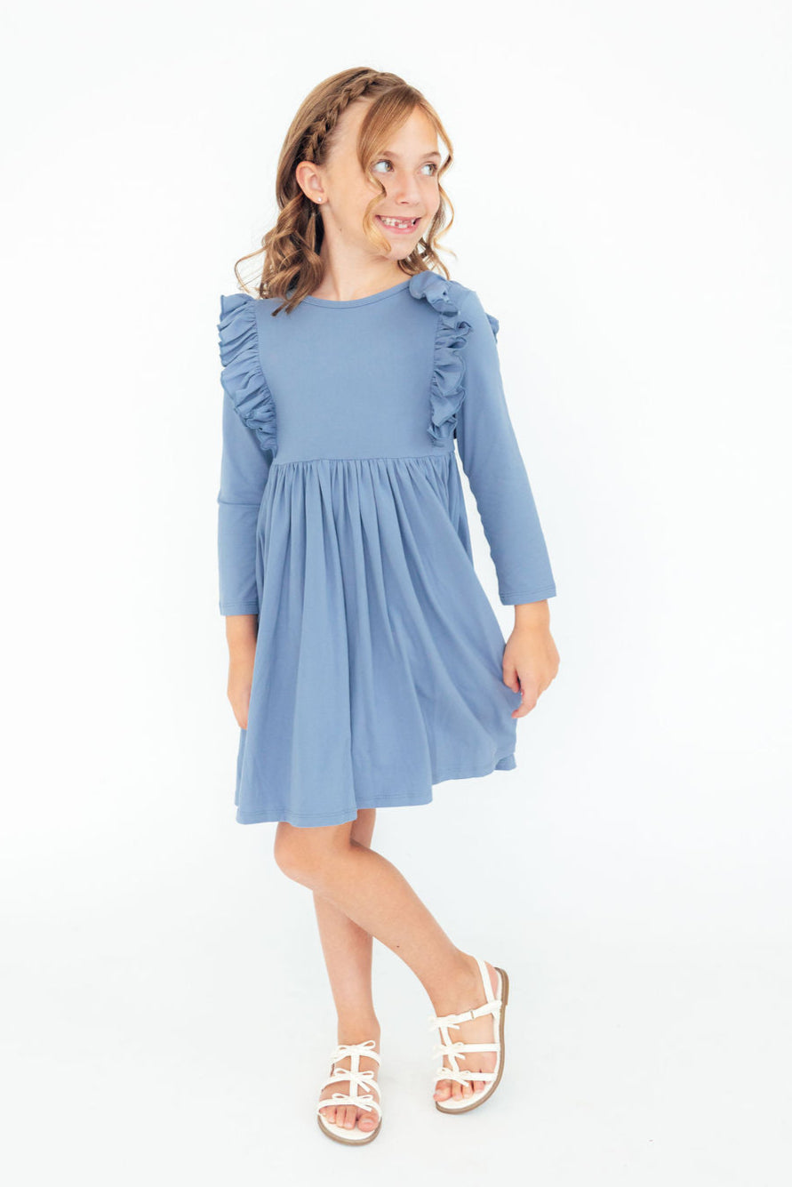 Dusty Blue Long Sleeve Ruffle Twirl Dress