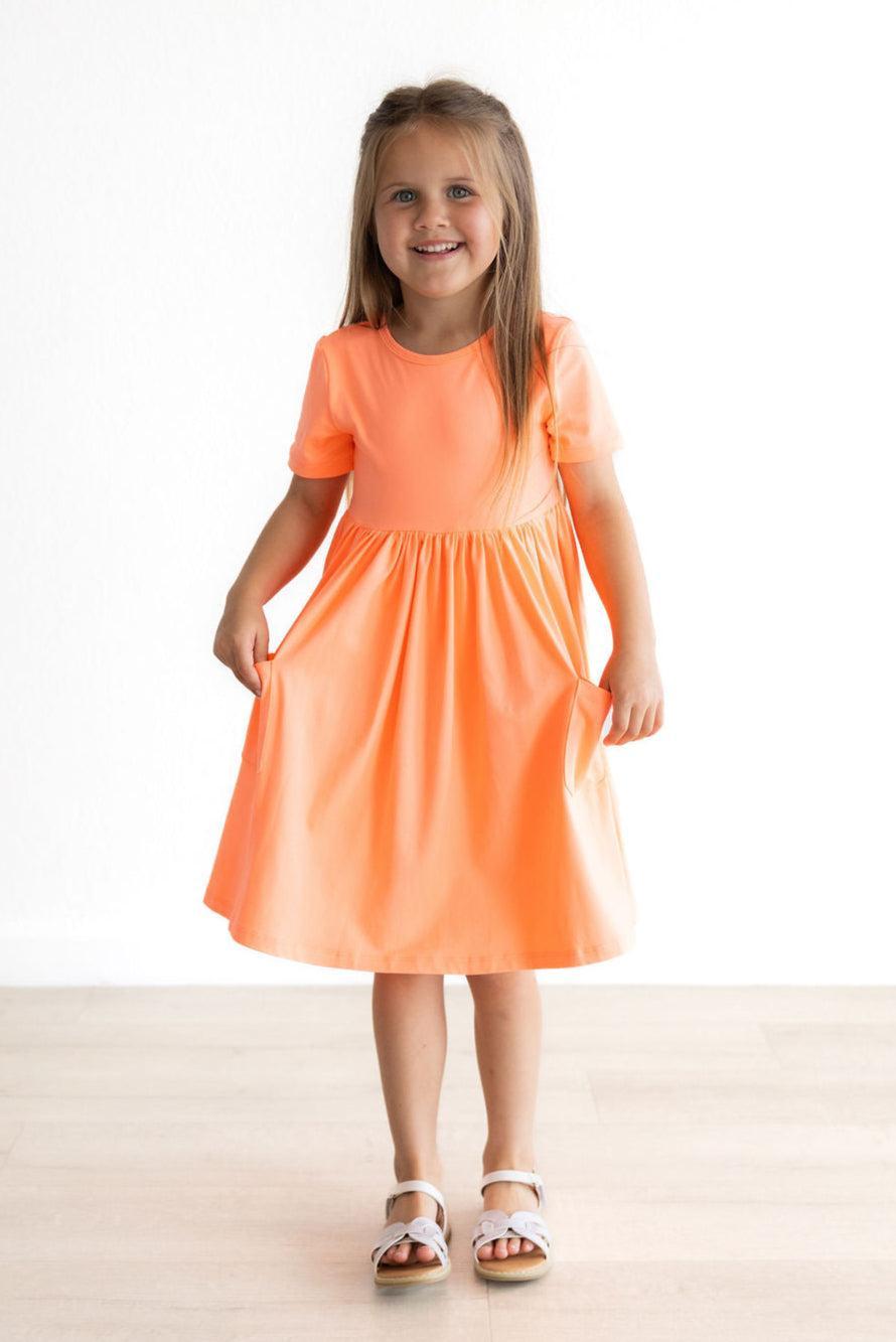 Neon Coral Short Sleeve Pocket Twirl Dress