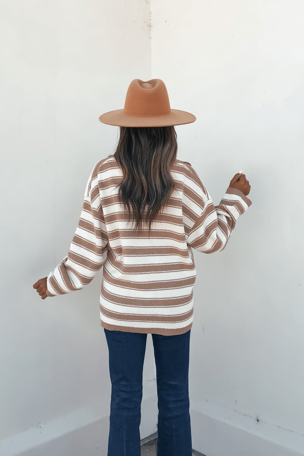 Oatmeal Split V Neck Striped Sweater