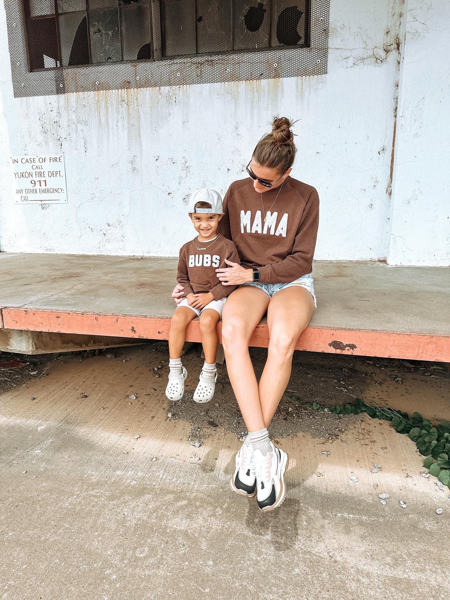 Mama Chenille Adult Waffle Sleeve Crewneck - Faded Mocha