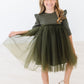 Olive Shimmer 3/4 Sleeve Tutu Dress