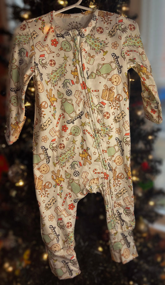 Retro Skateboarding Grinch Zip Pajamas