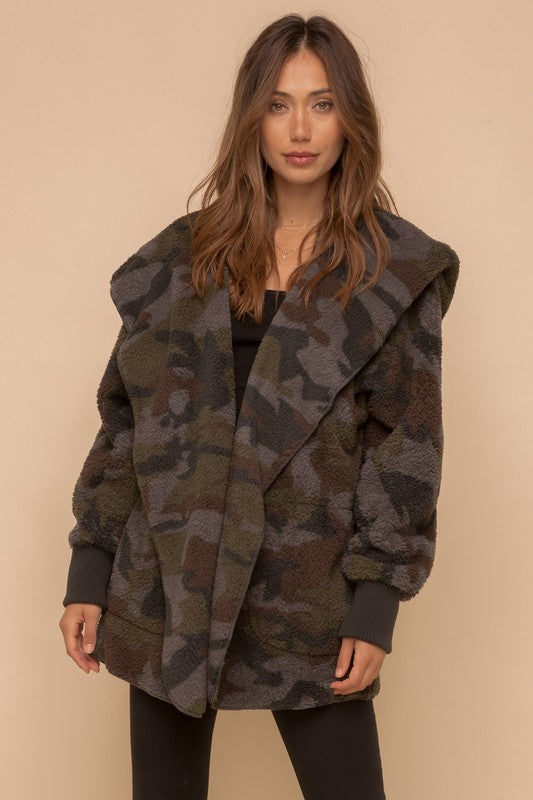 So Soft Plush Hooded Open Jacket- Camo