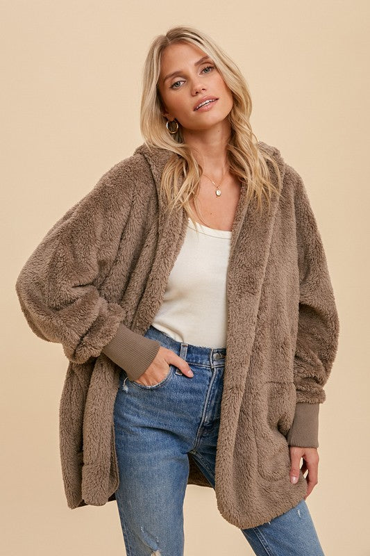 So Soft Faux Fur Hooded Open Cardigan-Ash