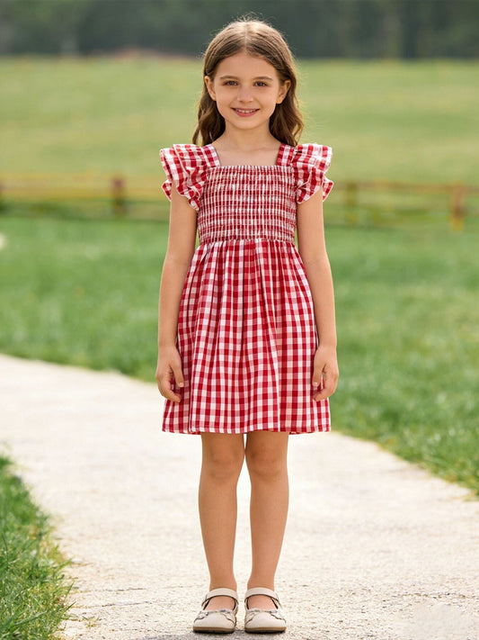 Summer Plaid Smocked Ruffled Dress
