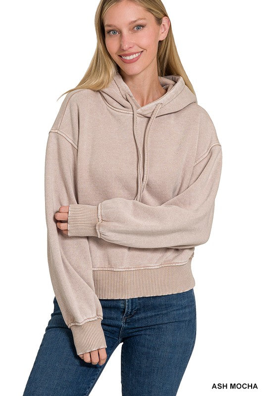 Carla Acid Wash Fleece Hoodie- Ash Mocha