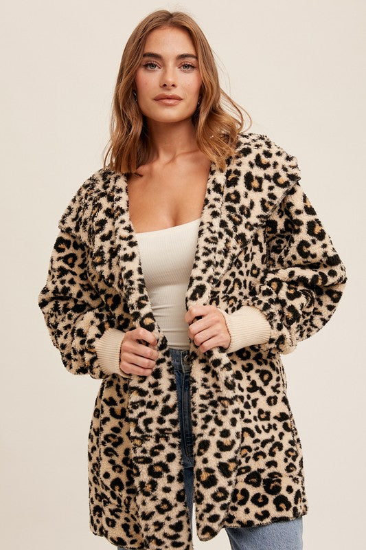 So Soft Faux Fur Hooded Open Cardigan-Leopard