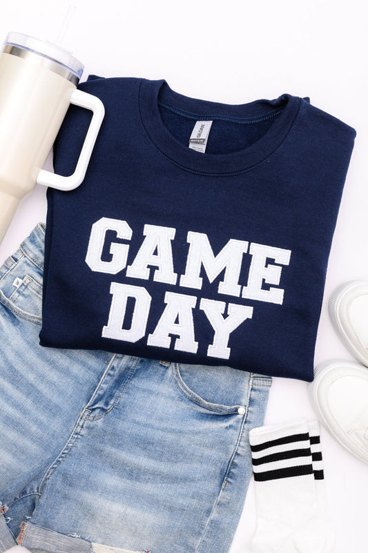PREORDER: Embroidered Glitter Game Day Sweatshirt in Navy/White