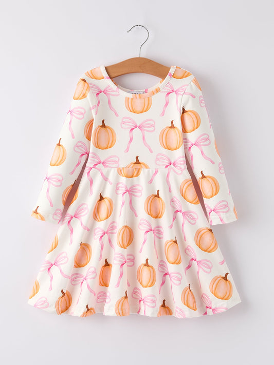 Fall Halloween & Thanksgiving Pumpkin Bow Print Long Sleeve Dress