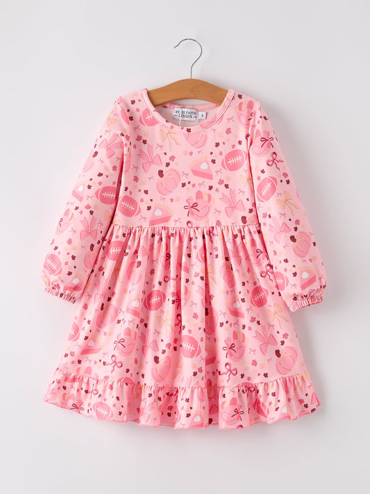 Halloween Football Pumpkin Bow Print Pink Girls Dress