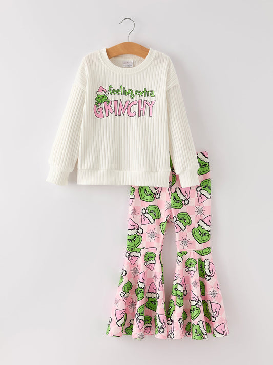 Christmas Print Top & Bell Bottom Pants Set