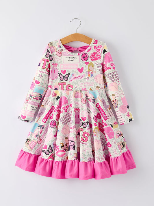 Girls TS Print Ruffle Long Sleeve Dress