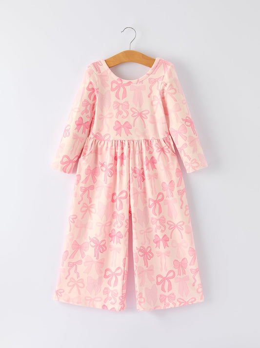 Pink Bow Print Long Sleeve Jumpsuit