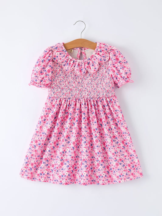 Girls Floral Ruffle Smocking Dress