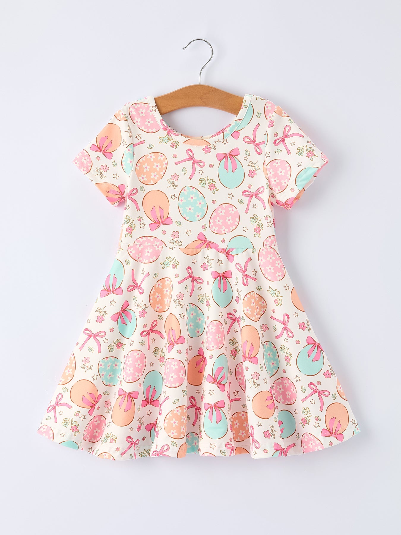 Easter Egg Bow Print Girls Short Sleeve Dress