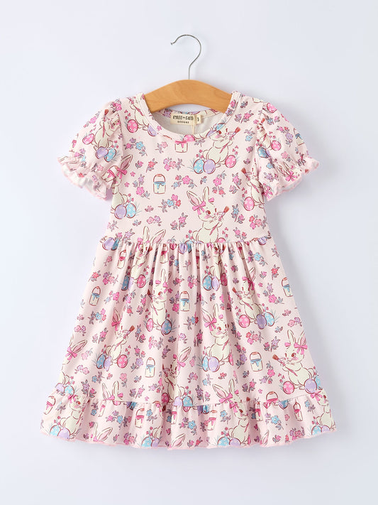 Easter Floral Bunny Girls Ruffle Hem Dress